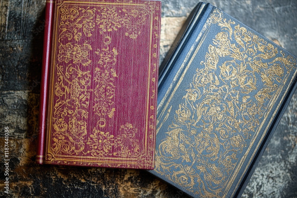 Fototapeta premium A couple of books placed on a wooden table, ready for reading or display