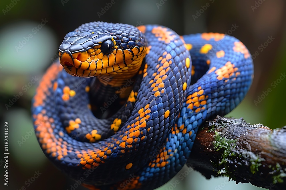 Obraz premium A vibrant blue and orange snake coiled around a branch in a rainforest.