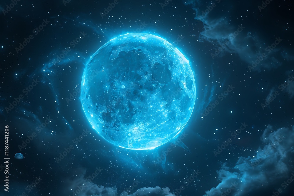 Obraz premium A vibrant blue full moon dominates a dark night sky, speckled with stars and wispy clouds.