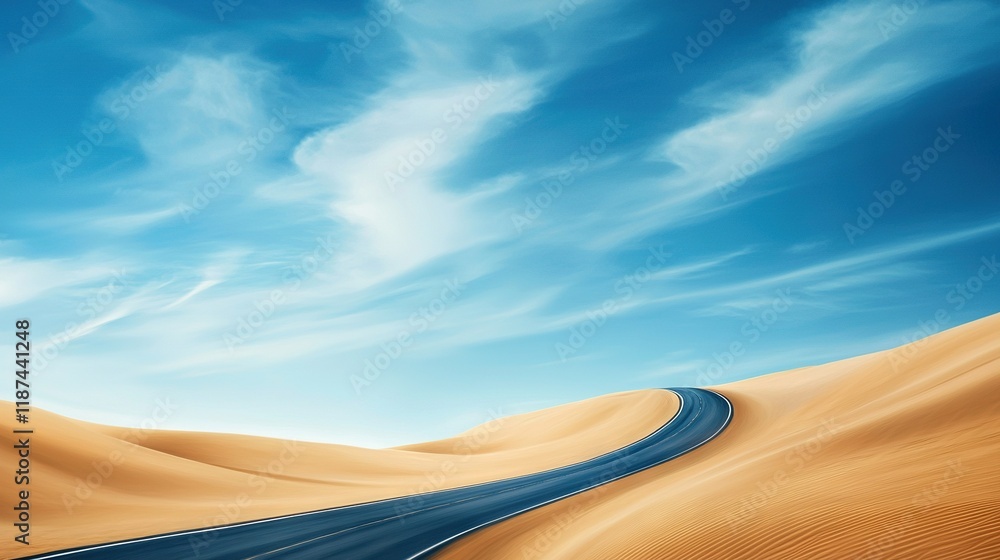 Naklejka premium A painting depicts a desert landscape featuring a central road and a blue sky overhead