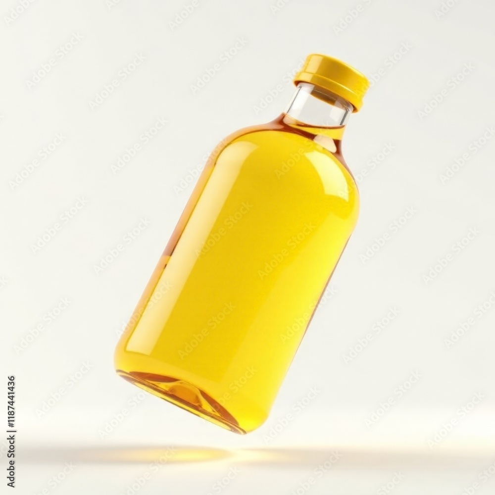 A bottle of oil is shown in a white background. The bottle is yellow and has a yellow cap. The bottle is empty and is floating in the air A bottle of oil is shown in a white background. The bottle is yellow and has a yellow cap. The bottle is empty and is floating in the air