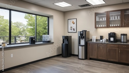 Modern office break room with coffee machine, water cooler, and small patio.