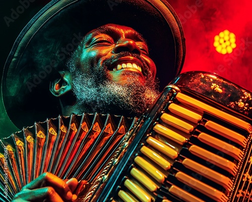 Joyful musician playing accordion on stage.