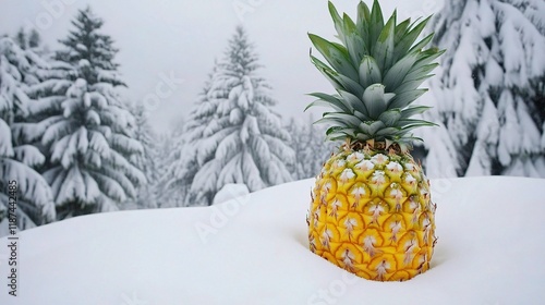 Fresh Large Pineapple Isolated on White Background with Snowy Trees