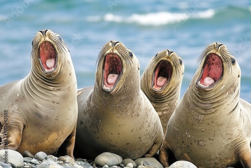 A herd of elephant seals basking on a rocky beach, molting under the summer Antarctic sun.