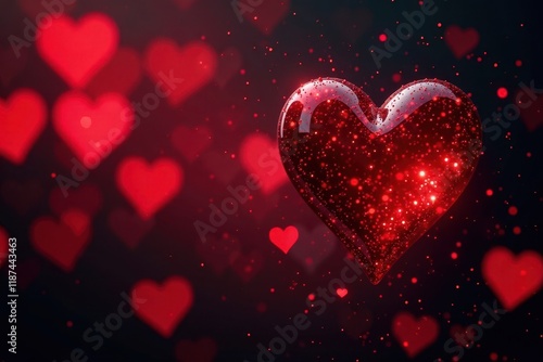 Intense red heart bokeh, dramatic black backdrop , out-of-focus, romantic