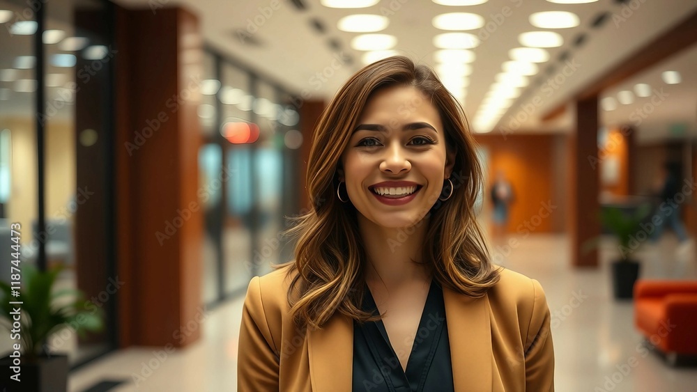 Businesswoman smiling cheerfully in an office lobby Businesswoman smiling cheerfully in an office lobby