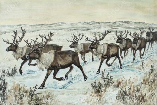 A herd of reindeer traversing a frozen Arctic tundra, antlers crowned with frost