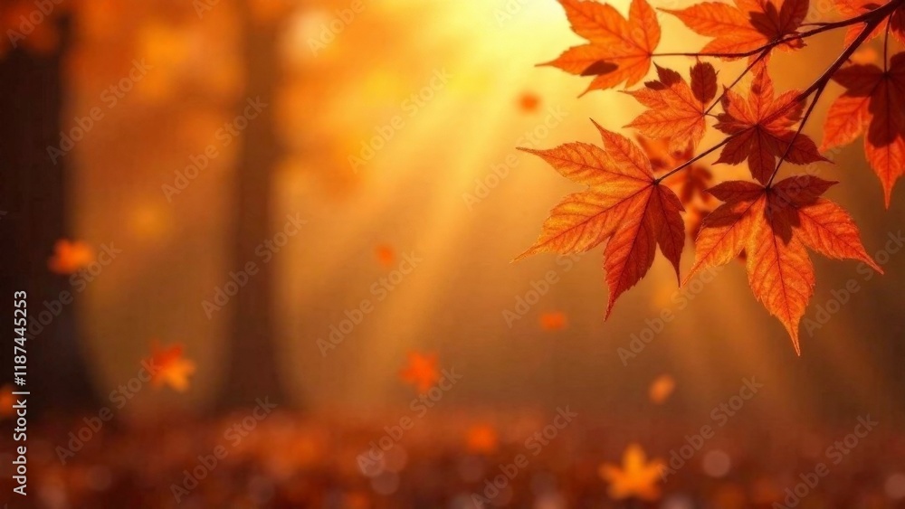 Naklejka premium A tree with leaves falling and a sun shining on it. The leaves are orange and the sun is bright