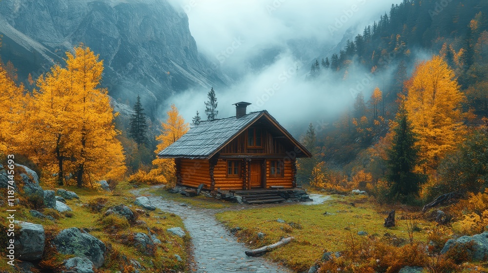 mountain shelter in valley in tatras mountains bad weather in zakopane