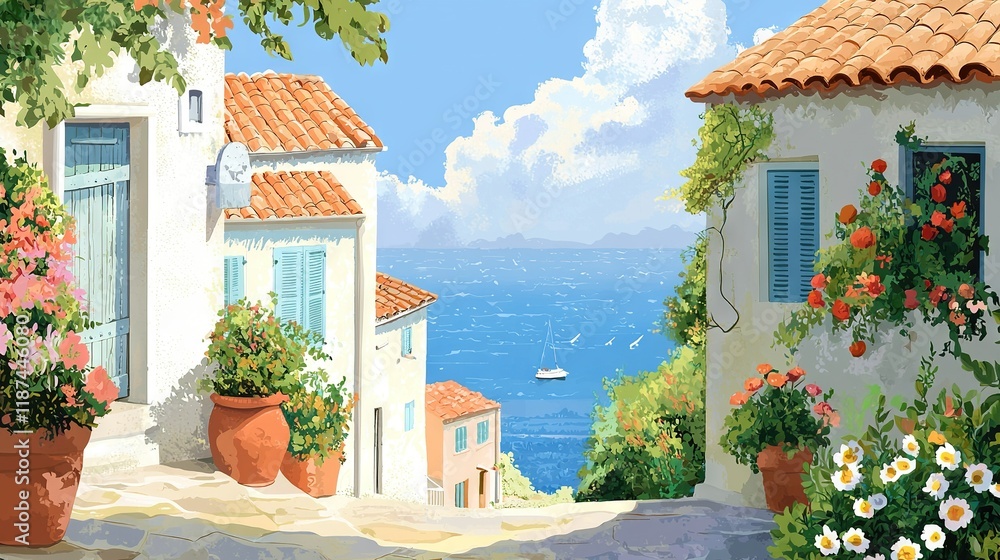 Fototapeta premium A painting showcases an oceanic view from a house, with flowers in the foreground and a boat floating in the background