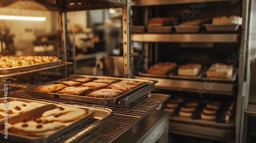 Open oven in a cozy bakery with multiple cakes rising on trays.