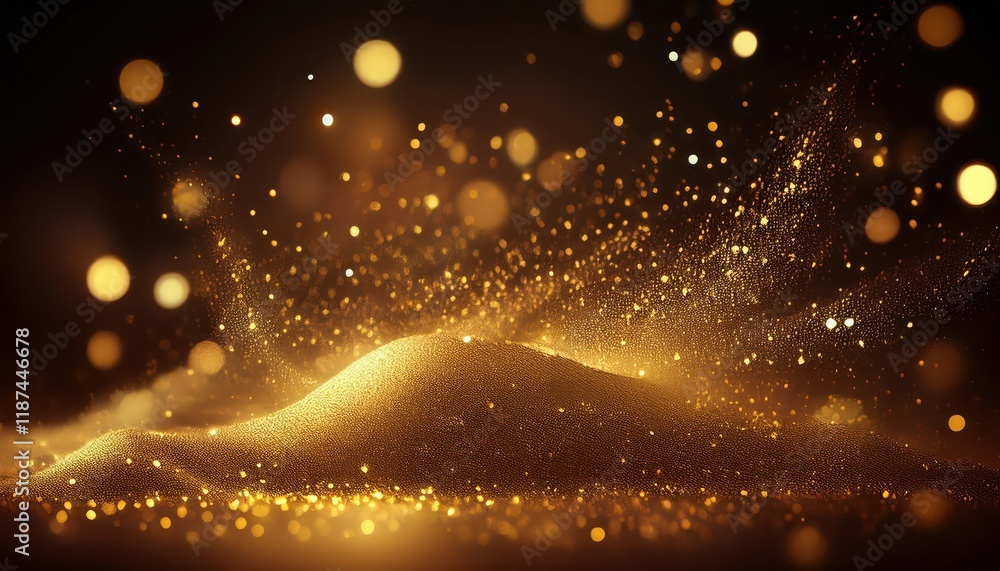 Naklejka premium Vibrant Festival Nights Glowing Golden Lights Scattered Across Golden Sandy Shores at Twilight, Creating a Magical Scene Amidst the Starry Night Sky