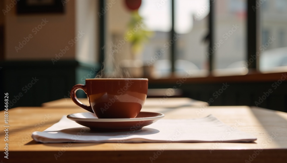 A brown coffee cup sits atop a table within a caf setting