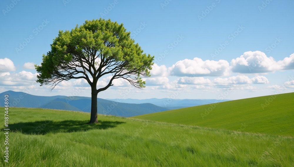 Grassy hill with solitary tree standing tall Grassy hill with solitary tree standing tall