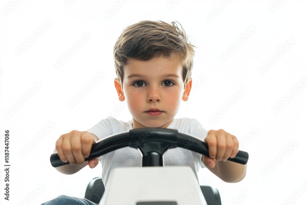 A young boy sits in a toy car, ideal for illustrations and design projects A young boy sits in a toy car, ideal for illustrations and design projects