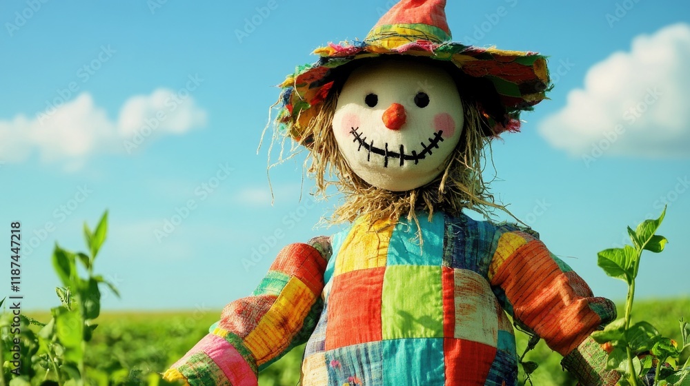 A plastic scare doll surrounded by green plants, possibly used for gardening or decoration A plastic scare doll surrounded by green plants, possibly used for gardening or decoration