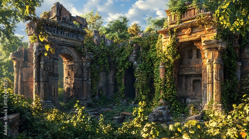 Vibrant visualization of lost cities reclaimed nature with ancient architecture peeking through overgrown vines Vibrant visualization of lost cities reclaimed nature with ancient architecture peeking through overgrown vines