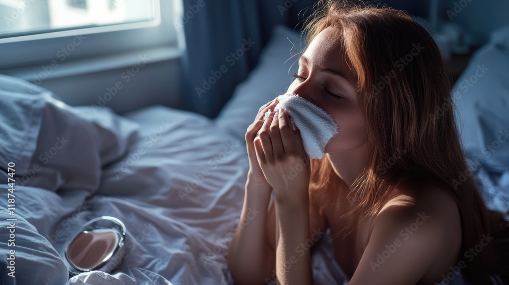 A person resting on a bed with a tissue in their mouth, possibly due to a cold or allergies A person resting on a bed with a tissue in their mouth, possibly due to a cold or allergies