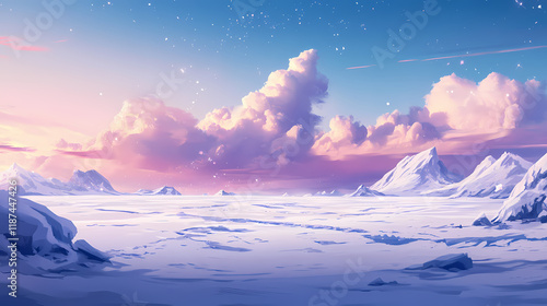 A vast expanse of untouched snow stretches across the frozen tundra, interrupted by a massive snowdrift, icy, snowdrift. Stardrift. Illustration photo