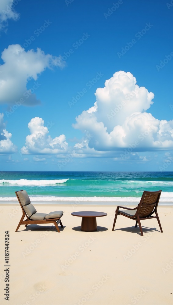 Fototapeta premium A detailed airbrush art piece showcasing an outdoor scene with a sky-meets-horizon view over beach furniture