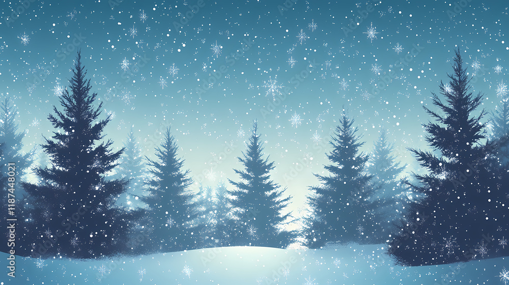Anime game art background, ambient christmas pine tree forest with snowfall. Stardrift. Illustration Anime game art background, ambient christmas pine tree forest with snowfall. Stardrift. Illustration