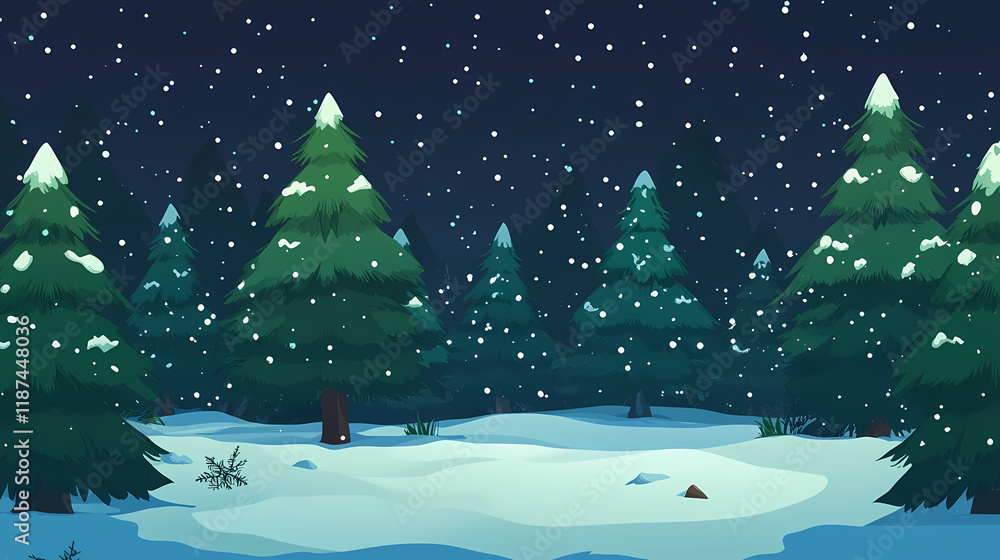 Naklejka premium Anime game art background, ambient christmas pine tree forest with snowfall. Stardrift. Illustration