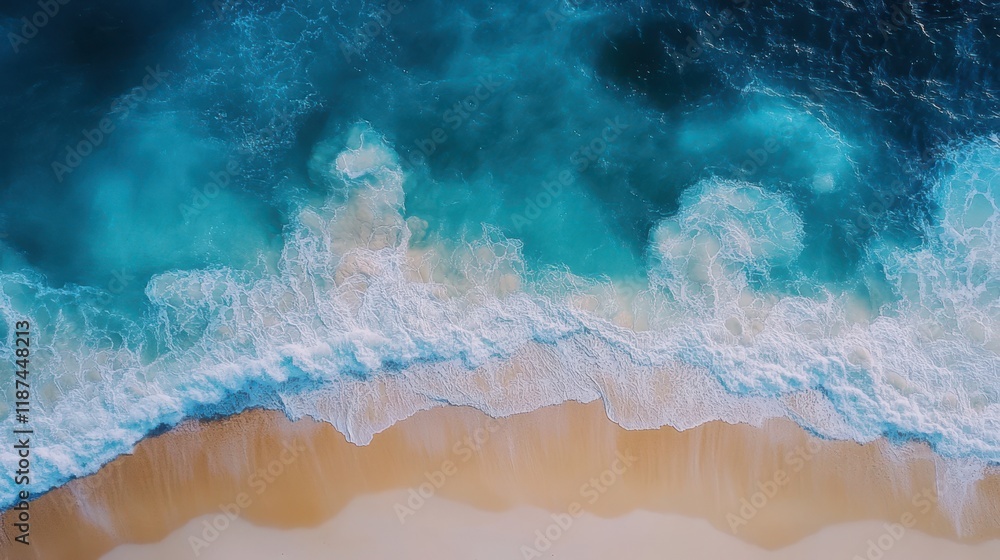 Aerial view of ocean waves breaking on golden sand beach Aerial view of ocean waves breaking on golden sand beach