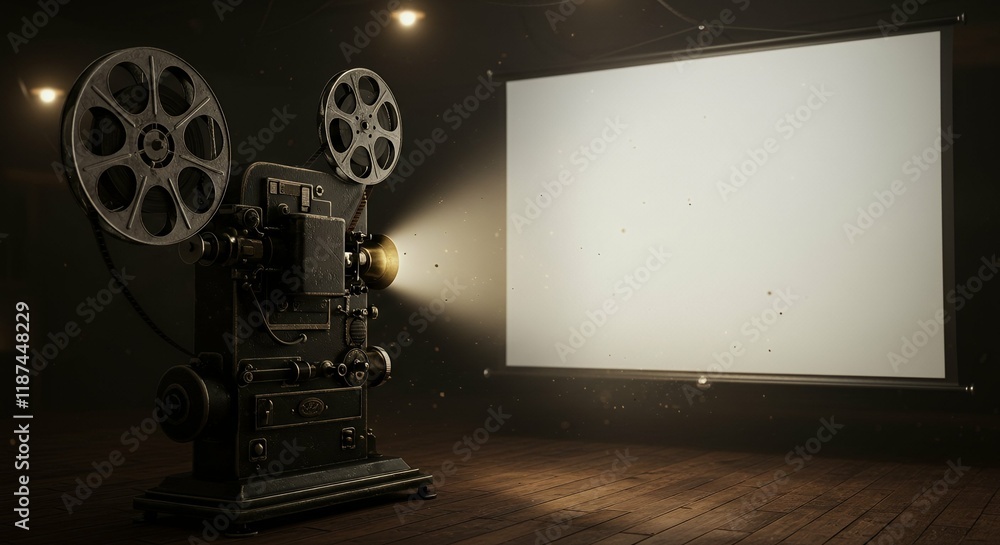 Fototapeta premium A 3D render of an old film projector with reels, casting light onto a screen in a dark room.