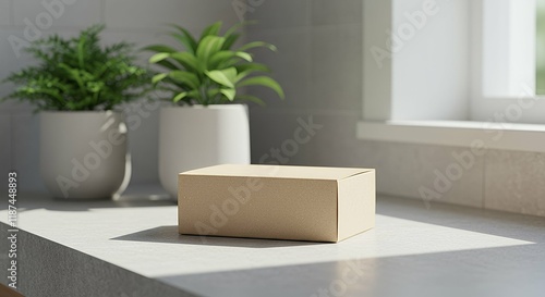 A plain eco-friendly soap bar box mock-up, lying on a bathroom counter with greenery.