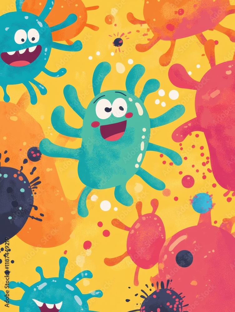 Obraz premium Playful cartoon viruses engage in a lively battle with colorful antibodies in a whimsical setting. Generative AI