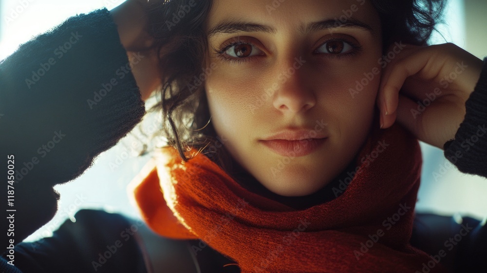 Close-up shot of a person wrapped in a scarf, perfect for illustrating cozy scenes or representing warmth Close-up shot of a person wrapped in a scarf, perfect for illustrating cozy scenes or representing warmth