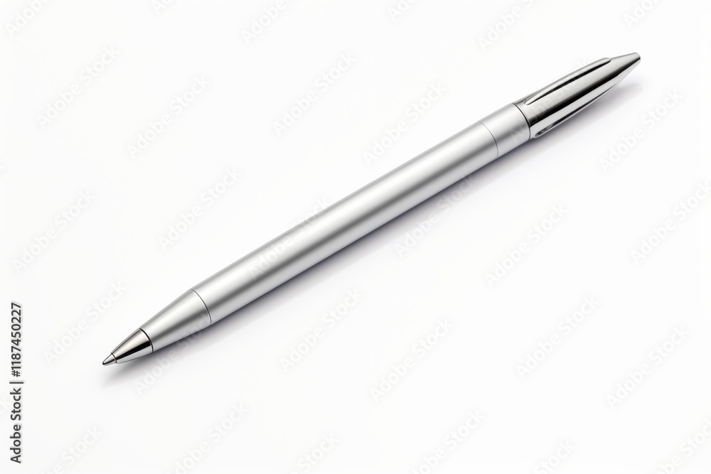 Metallic silver pen resting on a white surface, showcasing a sleek design and potential for writing Metallic silver pen resting on a white surface, showcasing a sleek design and potential for writing