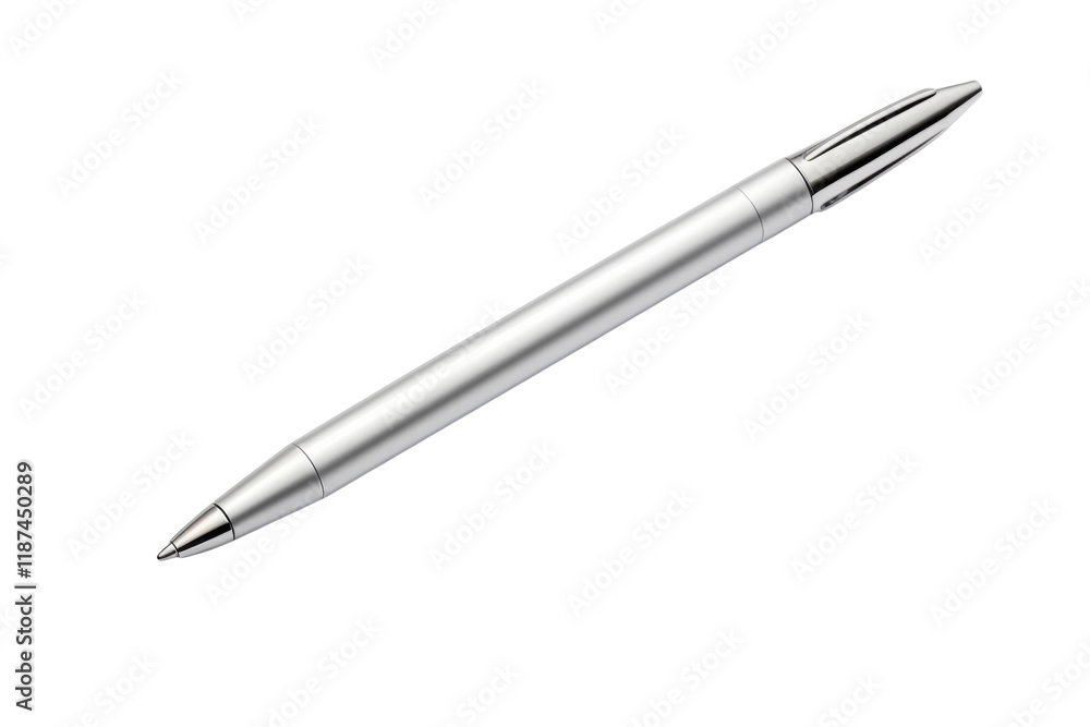 Metallic silver pen resting on a white surface, showcasing a sleek design and potential for writing Metallic silver pen resting on a white surface, showcasing a sleek design and potential for writing