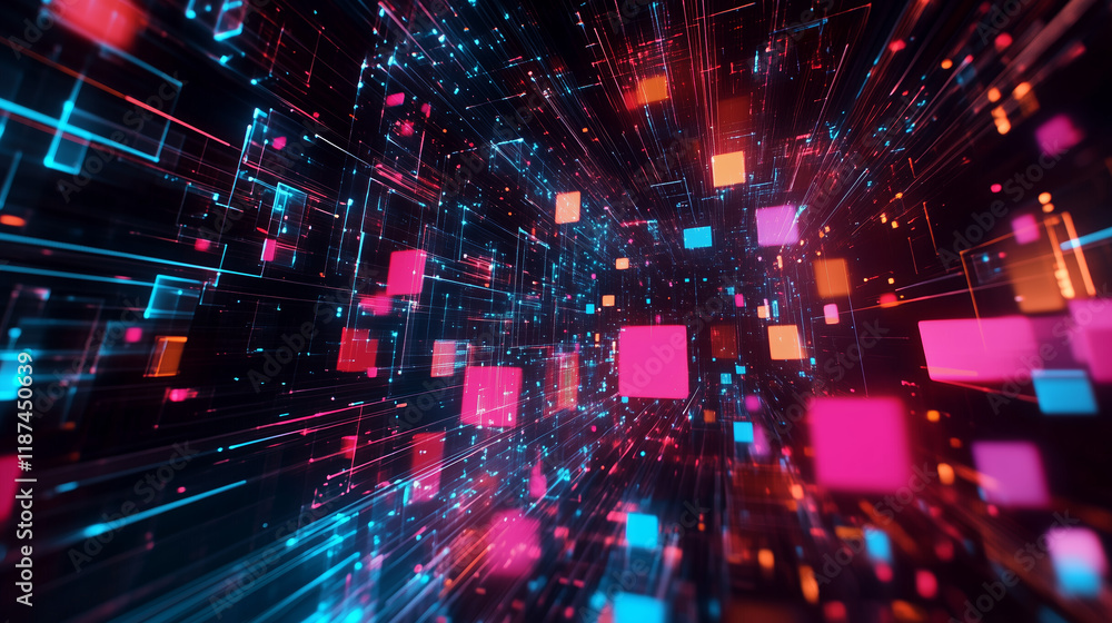 Dynamic futuristic background with colorful glowing cubes and abstract digital lines creating a sense of movement and technology innovation. Dynamic futuristic background with colorful glowing cubes and abstract digital lines creating a sense of movement and technology innovation.