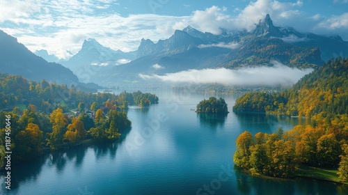 Wallpaper Mural recreation idyll in the heart of central switzerland high above lake lucerne aerial photography a view of the clouds from above above the clouds a sunny autumn day with fog and bright foliage Torontodigital.ca
