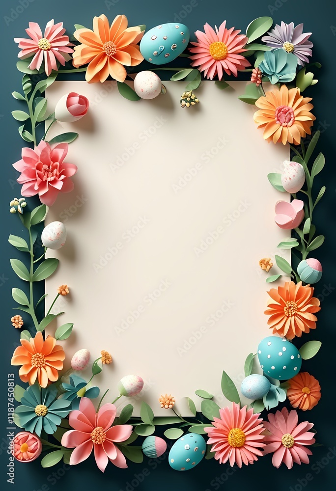 Fototapeta premium A floral frame with colorful eggs and vibrant flowers surrounds a blank space for an Easter card