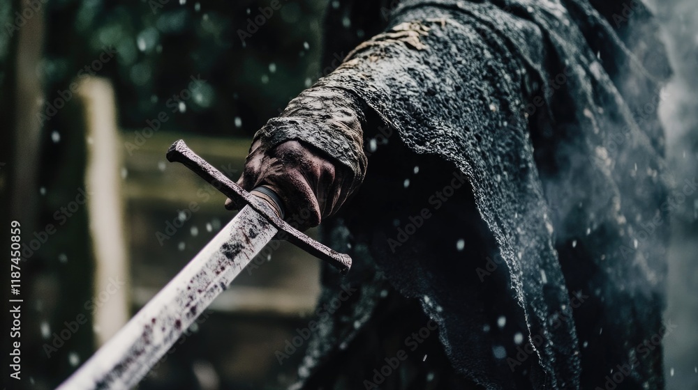 A person gripping a sword, focus on the grip and weapon