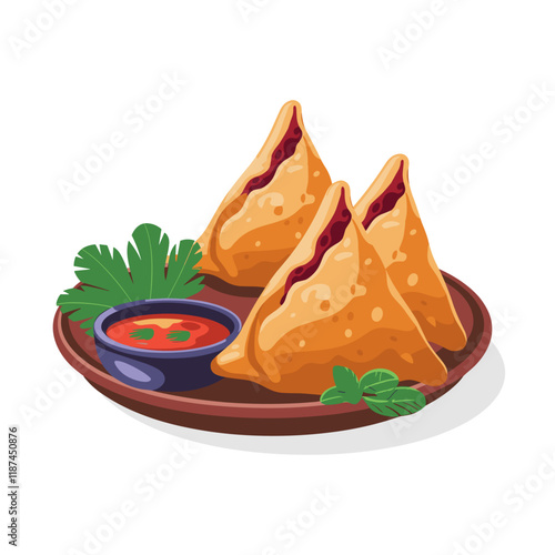Plate of Crispy Samosas with Chutney Illustration