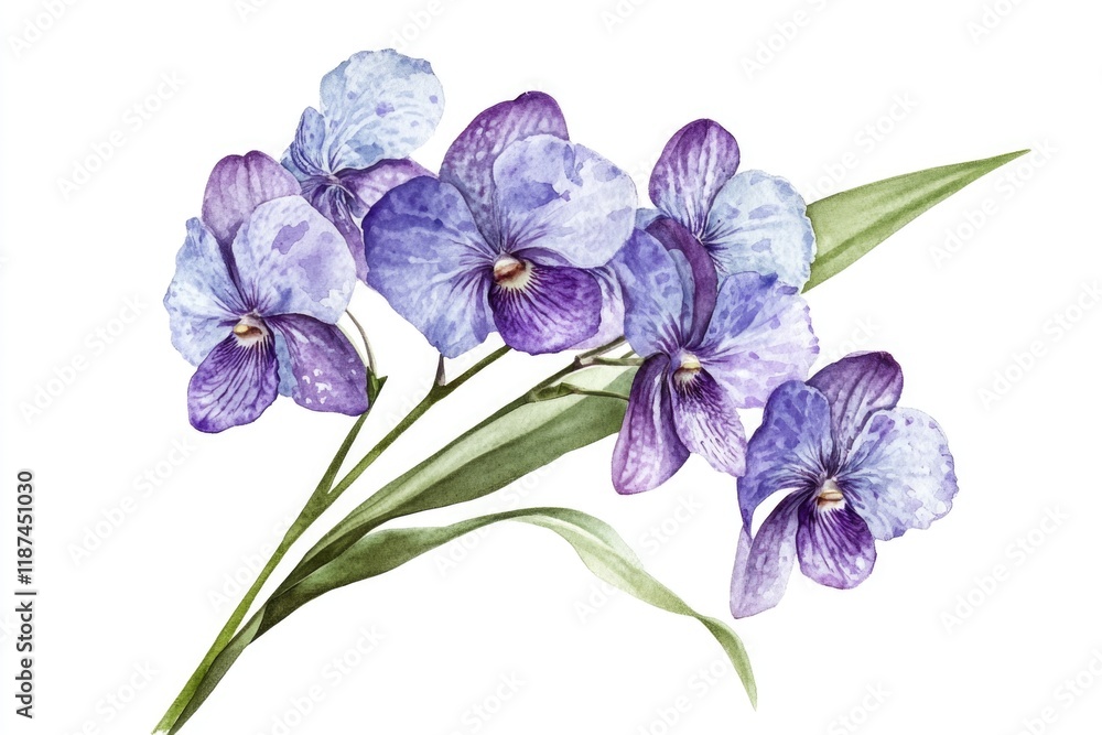 Fototapeta premium Watercolor painting of purple flowers against a clean white backdrop, suitable for use in branding or design projects