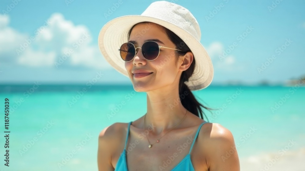 A woman wearing a white hat and sunglasses is smiling at the camera. She is standing on a beach with the ocean in the background A woman wearing a white hat and sunglasses is smiling at the camera. She is standing on a beach with the ocean in the background