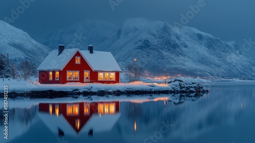 red rorbu on sea coast and snow covered mountain at night lofoten islands norway moody winter landscape with traditional norwegian rorbuer reflection in water snowy rocks old fishermen house photo