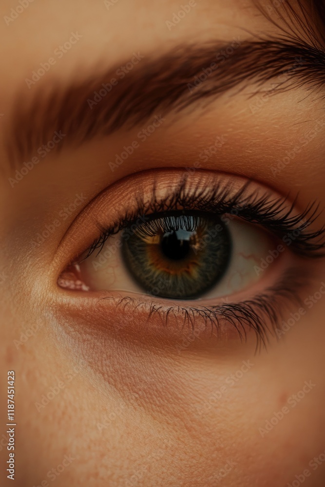 A detailed view of an individual's eye featuring long eyelashes