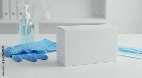 A blank face mask box mock-up, in a clinic setting with gloves and sanitisers 3d illustration image.