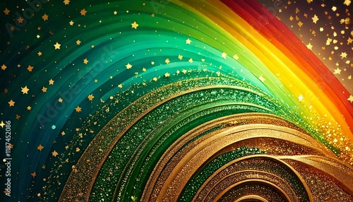 Abstract St. Patrick's Day background wallpaper with green, gold, and rainbow waves and ribbons. Generated image