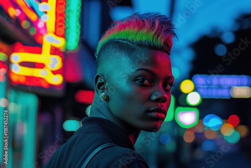 Young black queer with colorful hair posing in neon lit city street