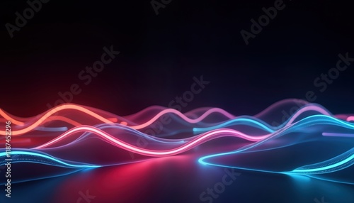 Wallpaper Mural Abstract glowing neon wavy lines create dynamic, colorful background. Vibrant pink, blue lines undulate in smooth motion over dark surface. Design looks futuristic, modern. Minimalist design perfect Torontodigital.ca