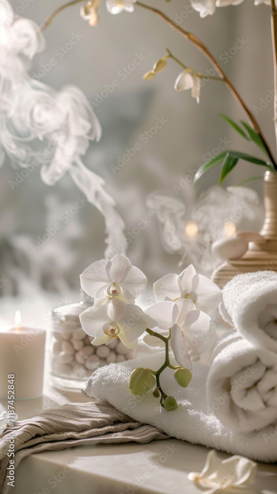 Obraz premium Beautiful white orchids and roses with candles creating a soft romantic glow