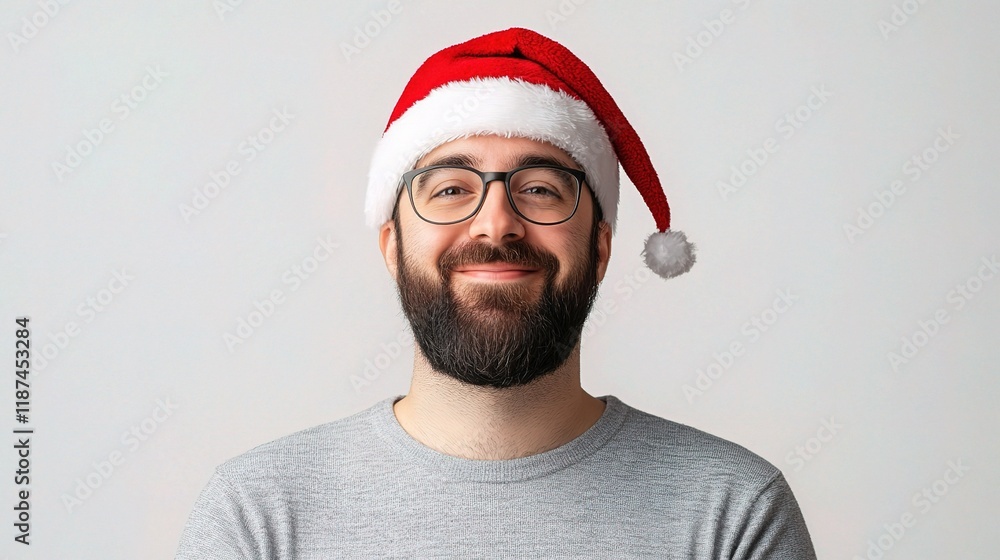 Cheerful Man in a Red Santa Hat on a White Background Cheerful Man in a Red Santa Hat on a White Background