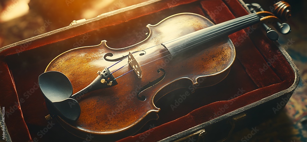 Fototapeta premium Antique violin in its case, illuminated by sunlight.